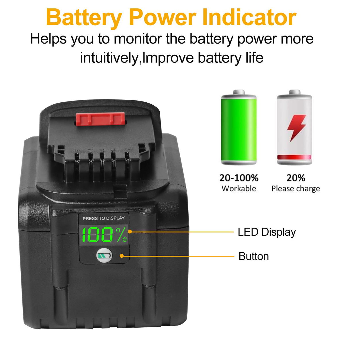 Waitley 20V 9.0Ah battery with LED indicator for quick power checks.