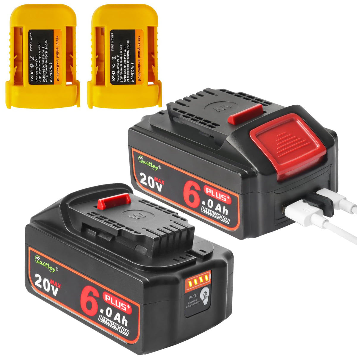 Waitley 2Pack 20V battery front view showing real-capacity performance