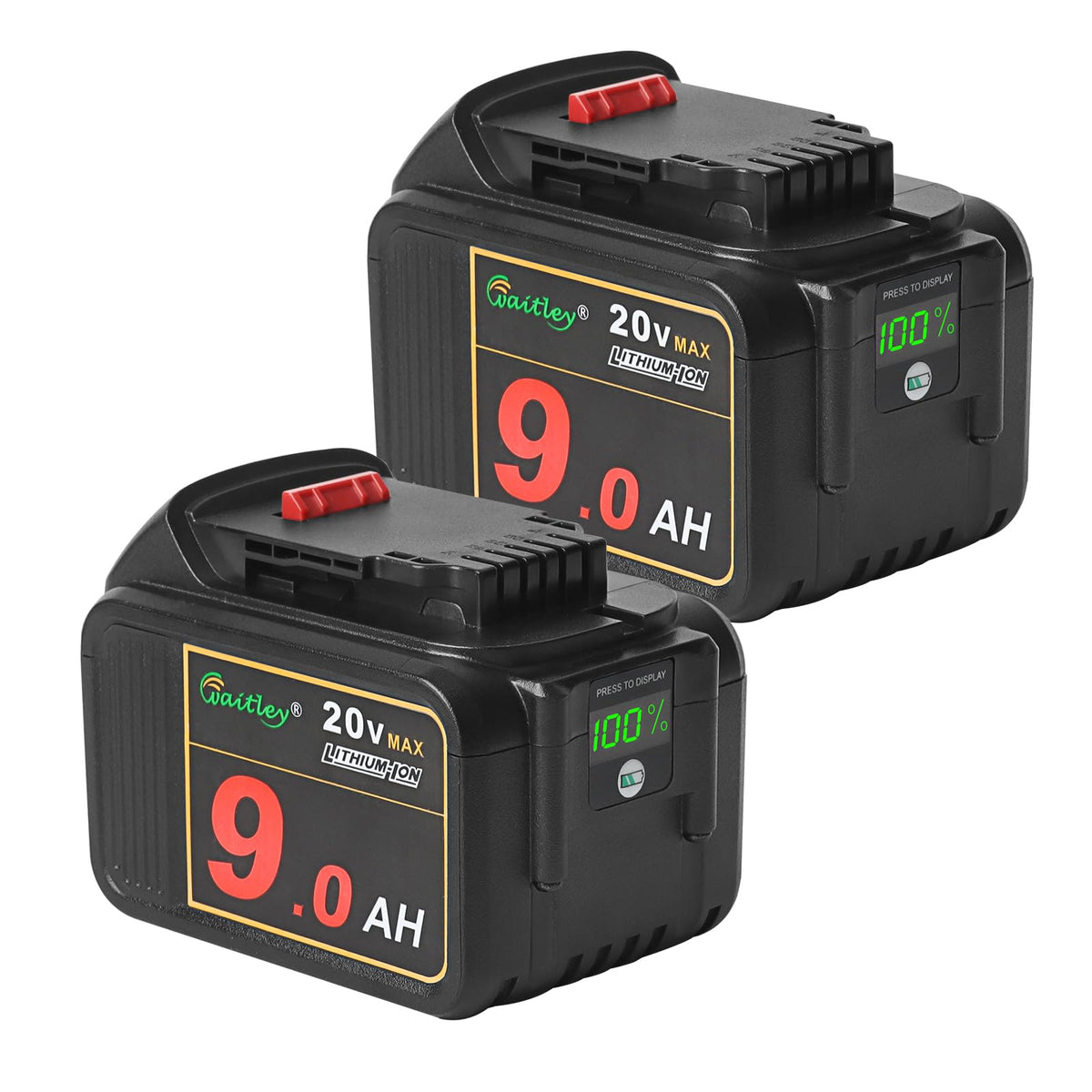 Waitley 20V 9Ah battery front view showing extended runtime for power tools