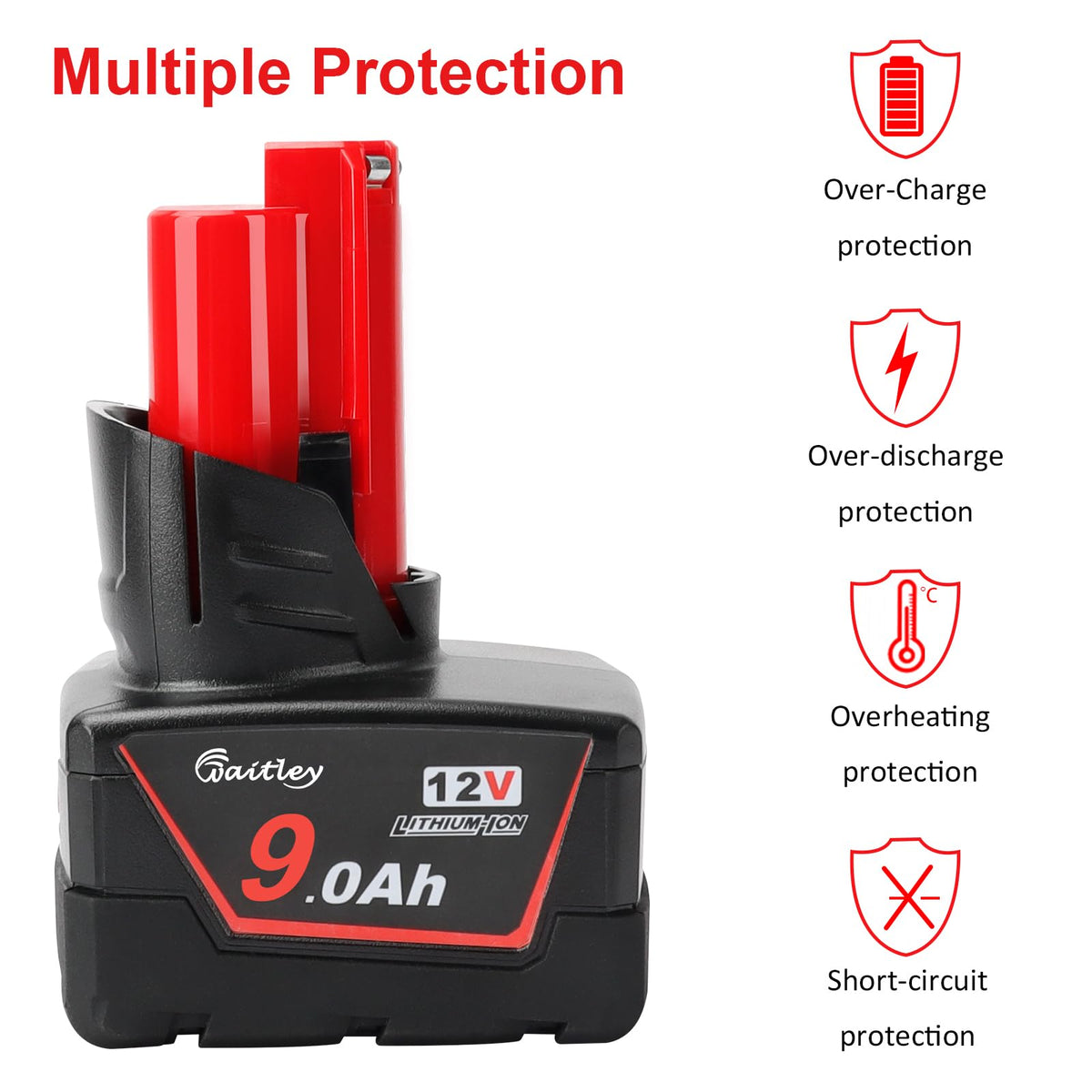 Waitley 12V battery with microchip for overcharge protection features.
