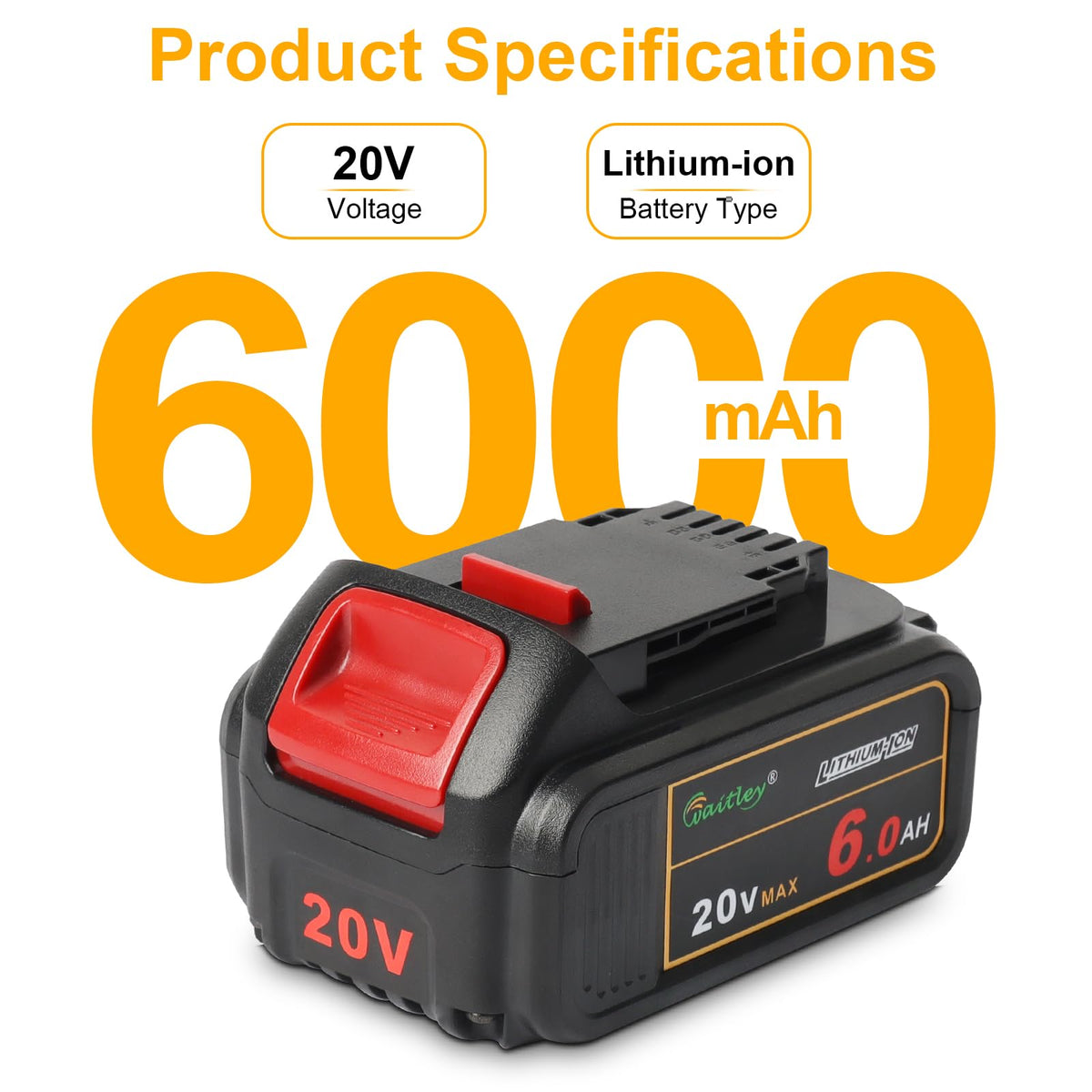 Waitley 20V battery compatible with Dewalt DCB series tools.