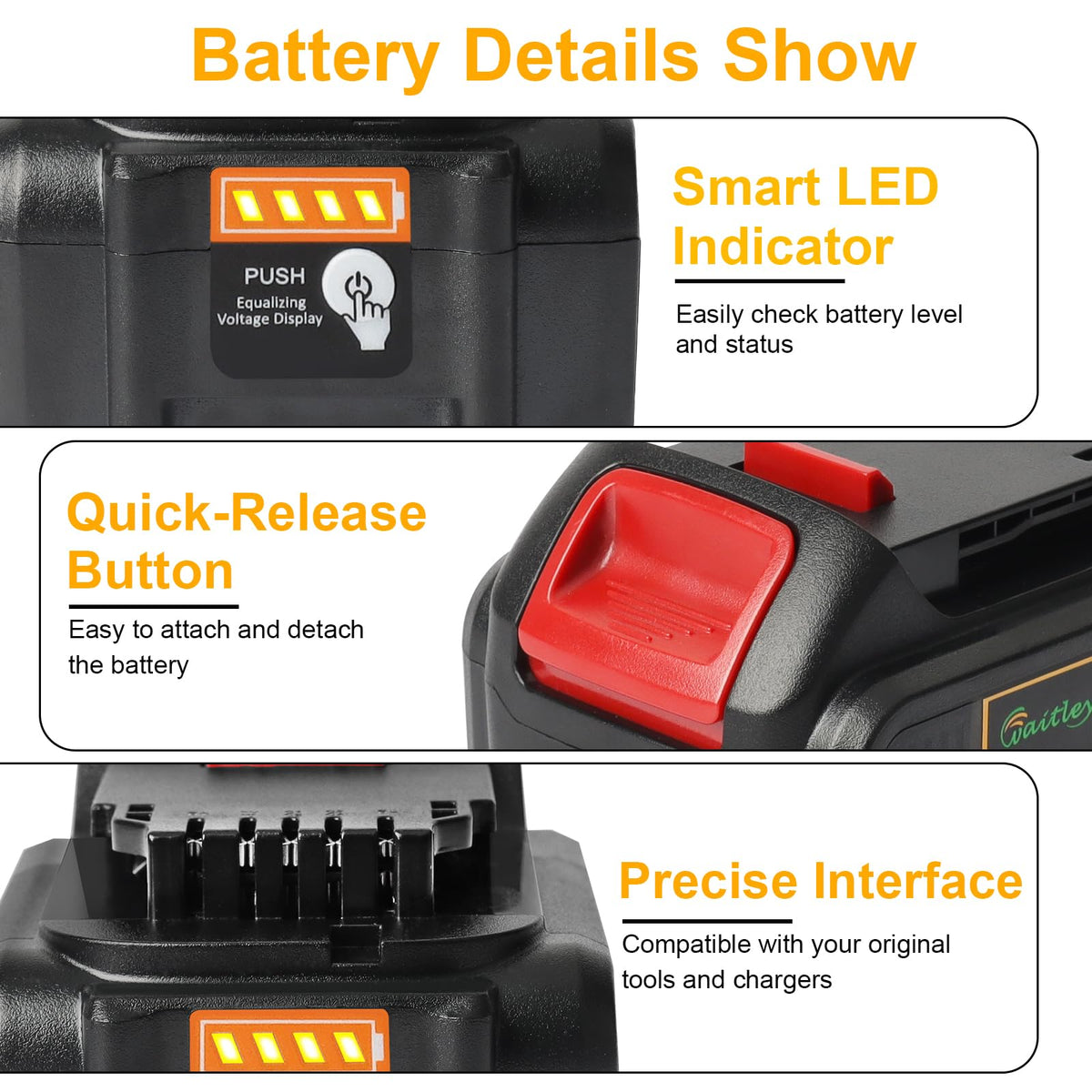 Waitley battery with LED power indicator showing charge status.
