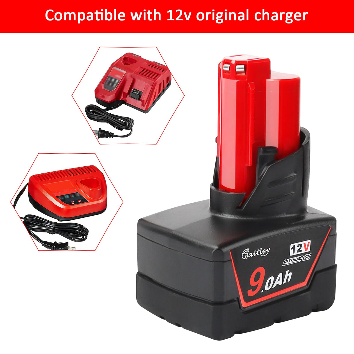 Waitley replacement battery in use with Milwaukee-style tools.
