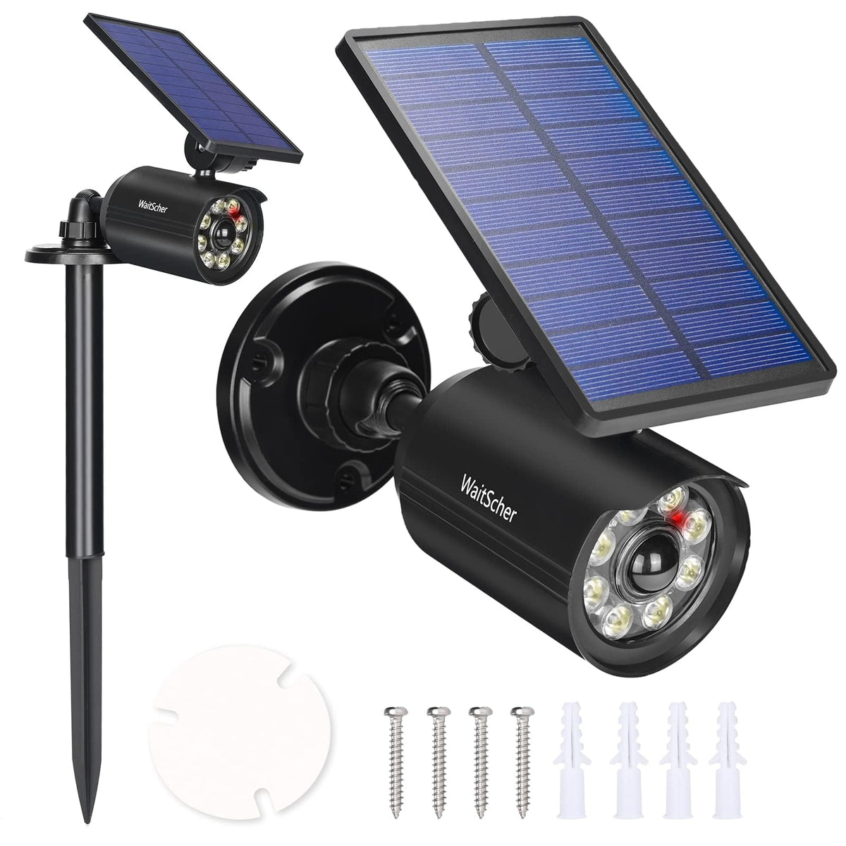 WaitScher solar motion light front view showing bright illumination for outdoor security