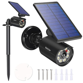 WaitScher solar motion light front view showing bright illumination for outdoor security