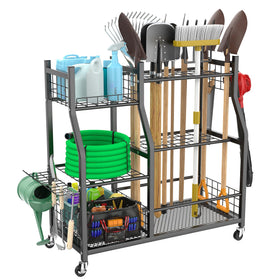 Waldmann garden tool organizer with wheels, front view, stores rakes and shovels upright for easy access.