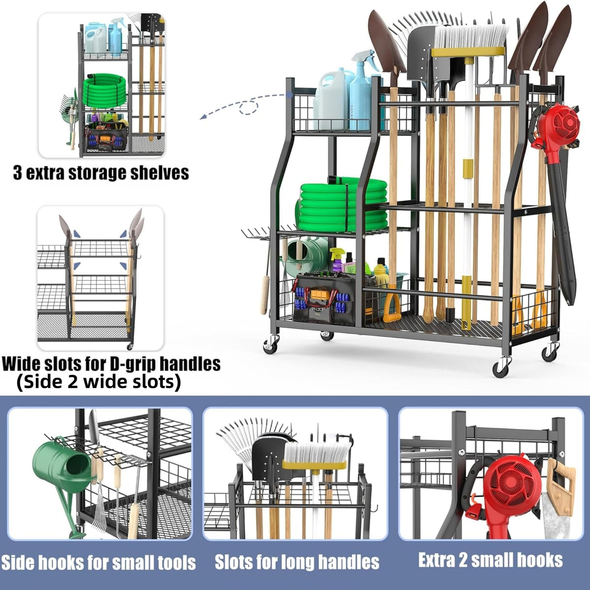 Waldmann garden tool organizer with wheels in shed, rolling cart ready for gardening tasks.