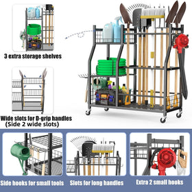 Waldmann garden tool organizer with wheels in shed, rolling cart ready for gardening tasks.