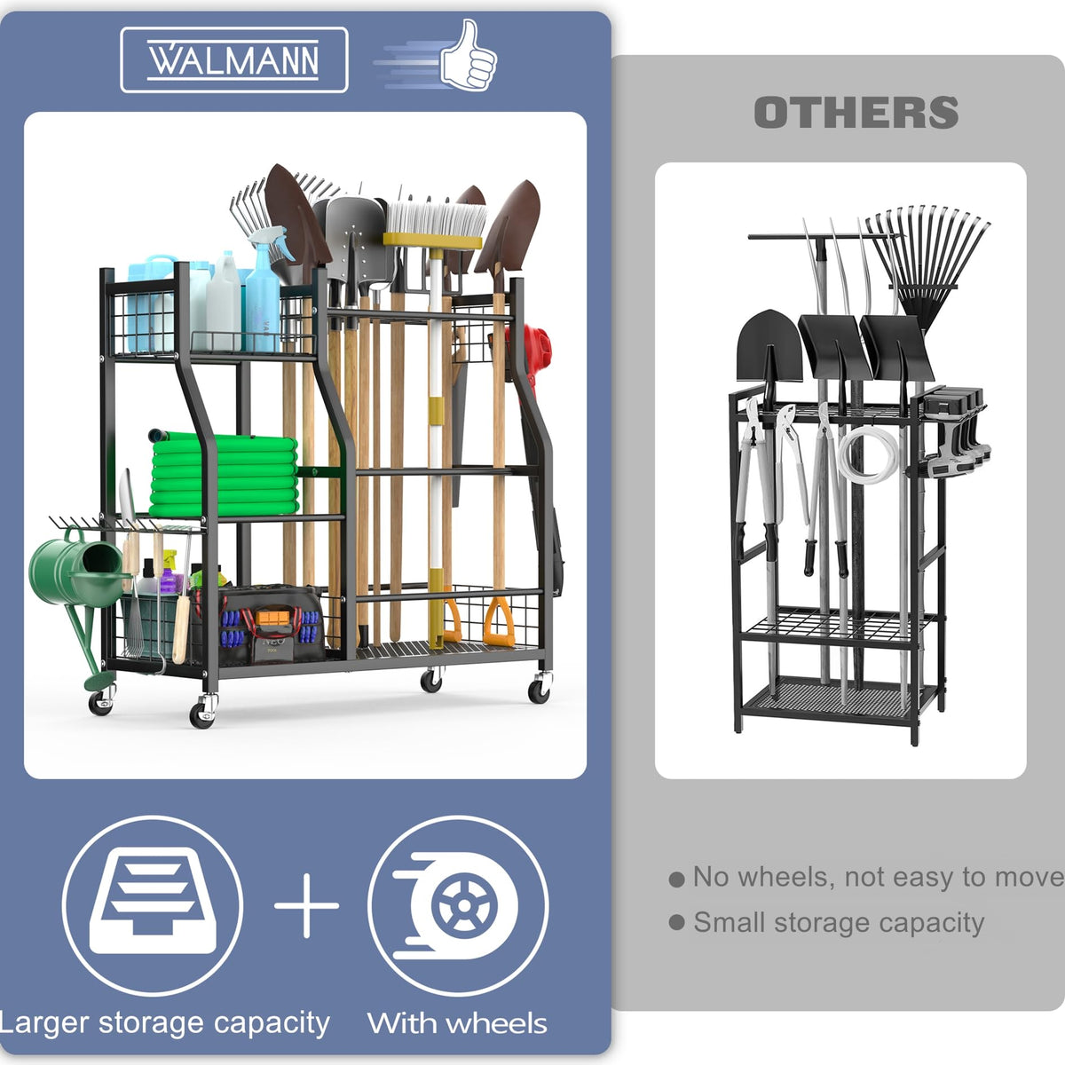 Waldmann garden tool organizer with wheels shelves holding gardening products for quick access.