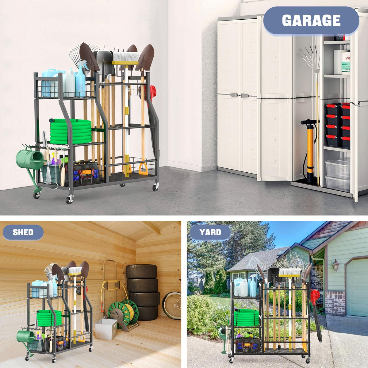 Waldmann garden tool organizer with wheels, side view, easy to maneuver around the yard.