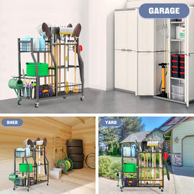 Waldmann garden tool organizer with wheels, side view, easy to maneuver around the yard.