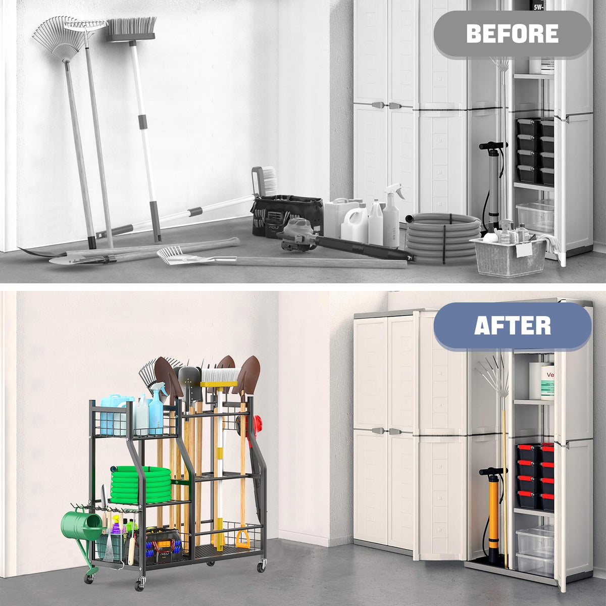 Waldmann garden tool organizer with wheels, steel frame and protective coating shown up close.