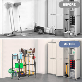 Waldmann garden tool organizer with wheels, steel frame and protective coating shown up close.