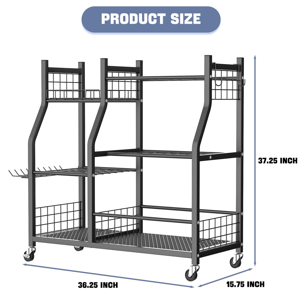 Waldmann garden tool organizer with wheels, three tiers for long handles and small tools.