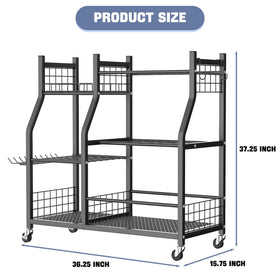 Waldmann garden tool organizer with wheels, three tiers for long handles and small tools.