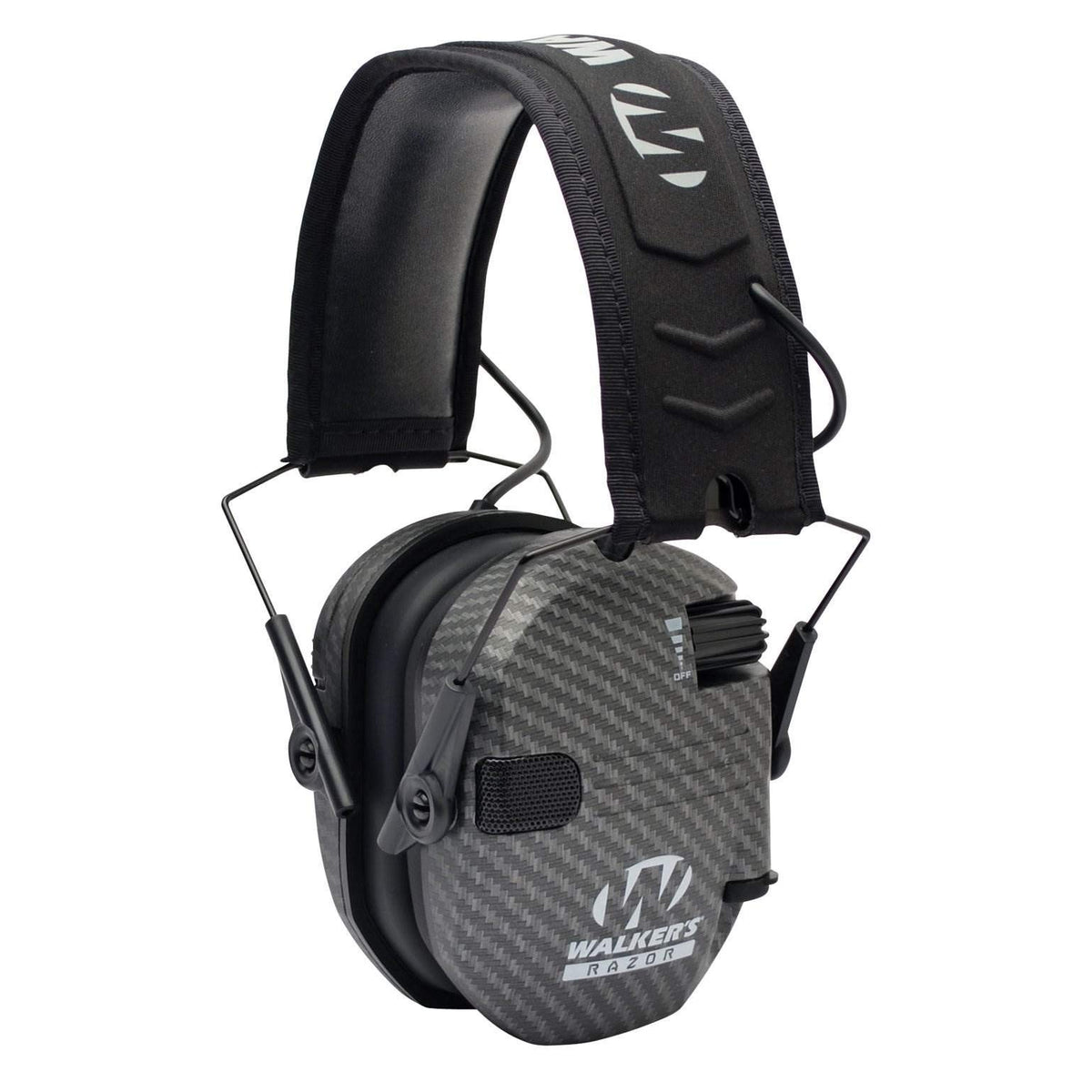 Walker's Razor Carbon earmuffs front view with low-profile cups for comfortable hearing protection