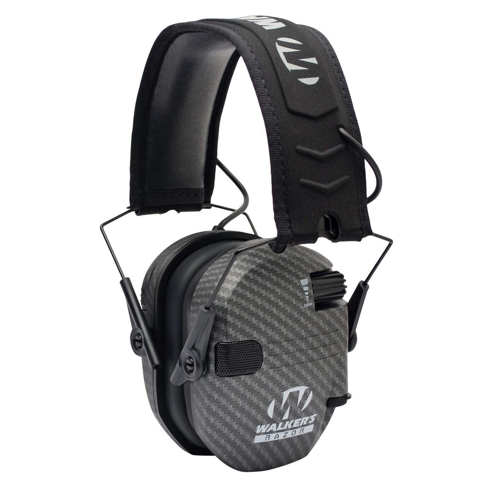 Walker's Razor Carbon earmuffs front view with low-profile cups for comfortable hearing protection