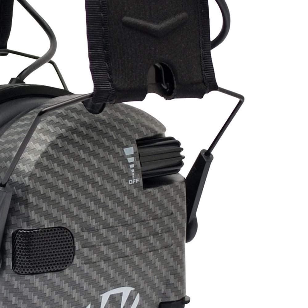 Walker's Razor Carbon earmuffs side view showing recessed volume knob and controls