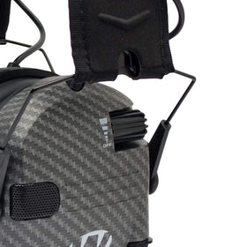 Walker's Razor Carbon earmuffs side view showing recessed volume knob and controls