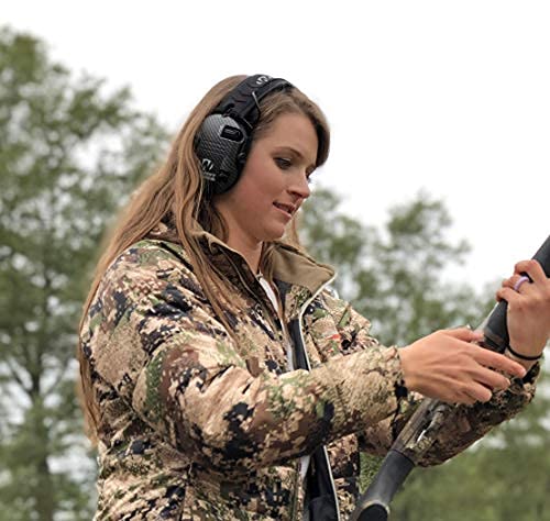 Walker's Razor Carbon earmuffs worn on head in outdoor setting