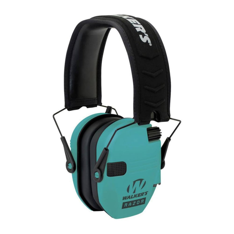 Walker's Razor Compact Electronic Muffs in teal for youth and women shooters delivering quiet hearing protection and comfort.
