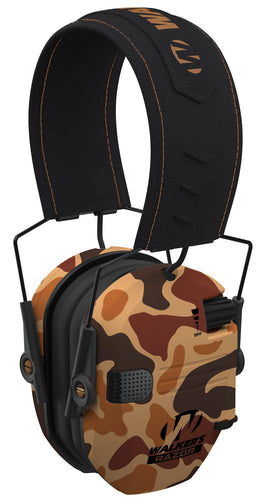 Walker's Razor Slim earmuffs in duck camo protect hearing while staying discreet.