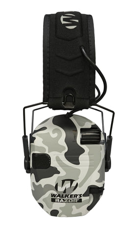 Walker's Razor Slim electronic muff in grey duck camo side view shows compact rugged design.