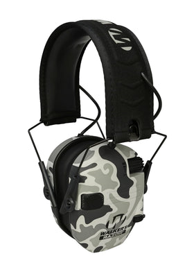 Walker's Razor Slim electronic muff in grey duck camo protects hearing while preserving ambient awareness.