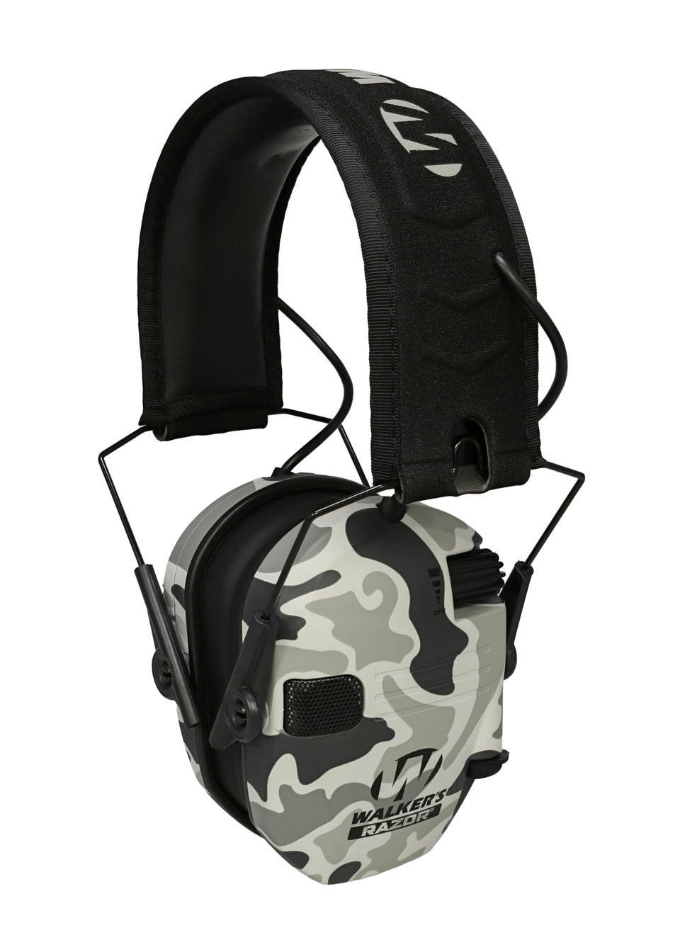 Walker's Razor Slim electronic muff in grey duck camo protects hearing while preserving ambient awareness.