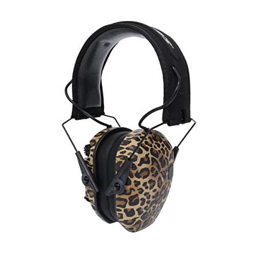 Walker's Razor Slim Leopard earmuffs with audio input jack for wired listening.