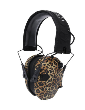 Walker's Razor Slim Leopard earmuffs with a low-profile design for secure hearing protection.