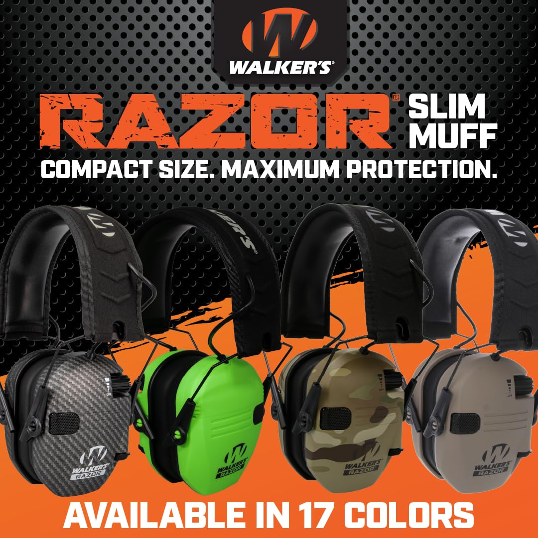 Walker's Razor Slim Leopard earmuffs with two microphones for ambient sound awareness.