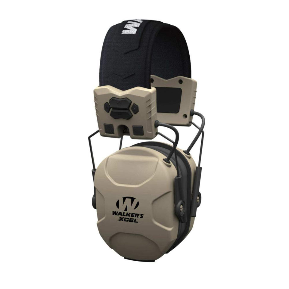 Walker's XCEL 100 digital muff front view highlights ergonomic beige design and protection.