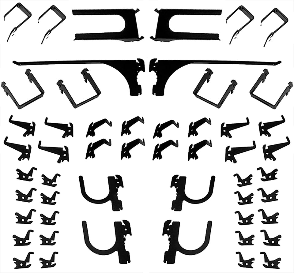 Wall Control 52-piece slotted hook kit on black steel pegboard for organized garage.