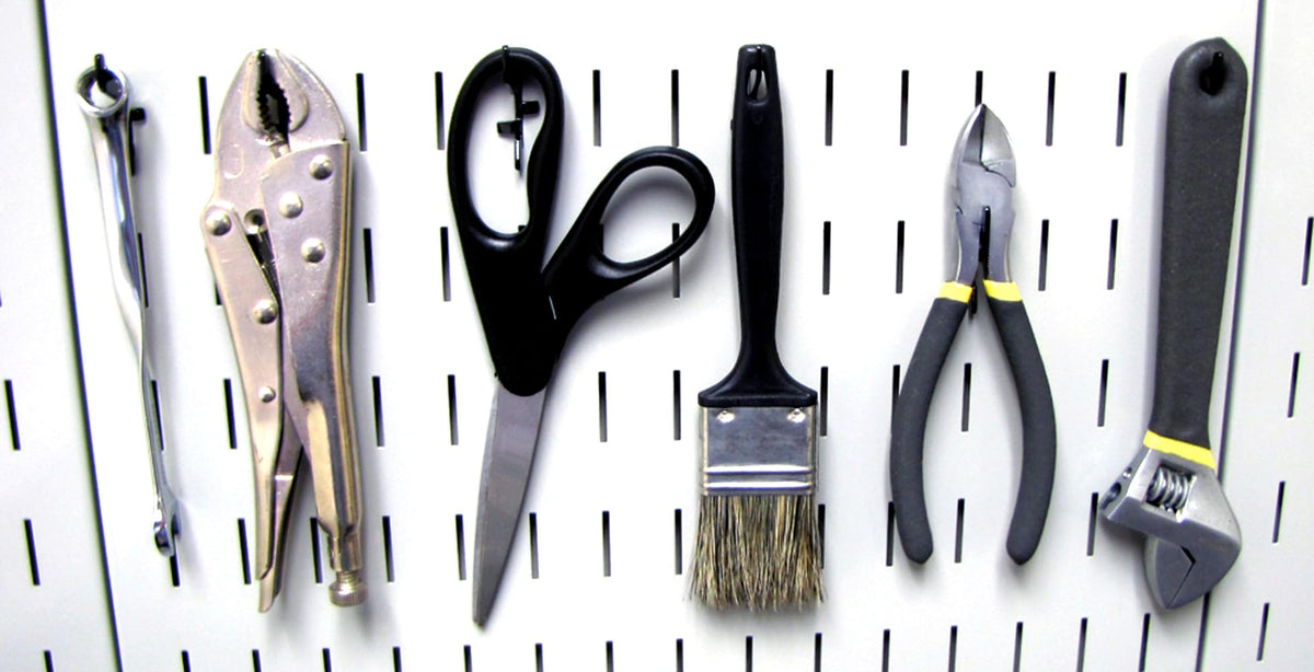 Wall Control extended hooks 9-inch reach for long tools.