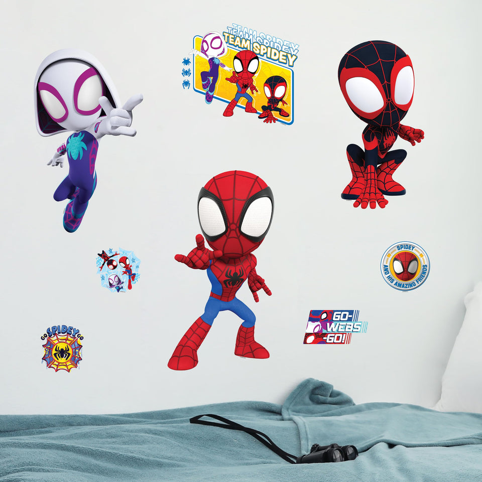 WALL PALZ Spidey decal on bedroom wall adds heroic vibe.
