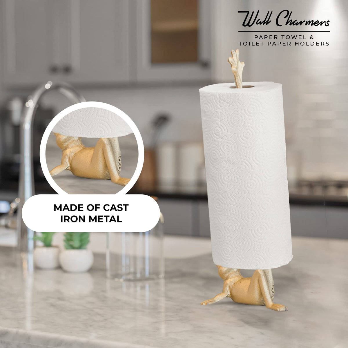 WallCharmers gold frog paper towel holder side view highlighting sturdy build