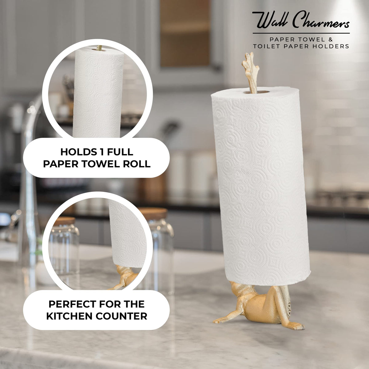 Floor-standing WallCharmers frog holder suitable for kitchen or bathroom spaces