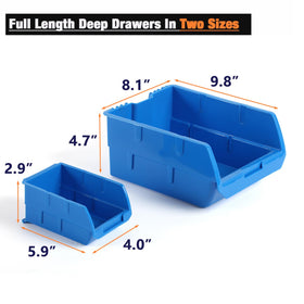 Wallmaster blue 2 large and 8 small bins optimize small parts organization.