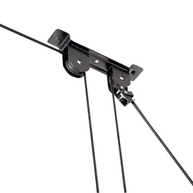 Wallmaster bike pulley system in garage keeps bike overhead and ready for quick access