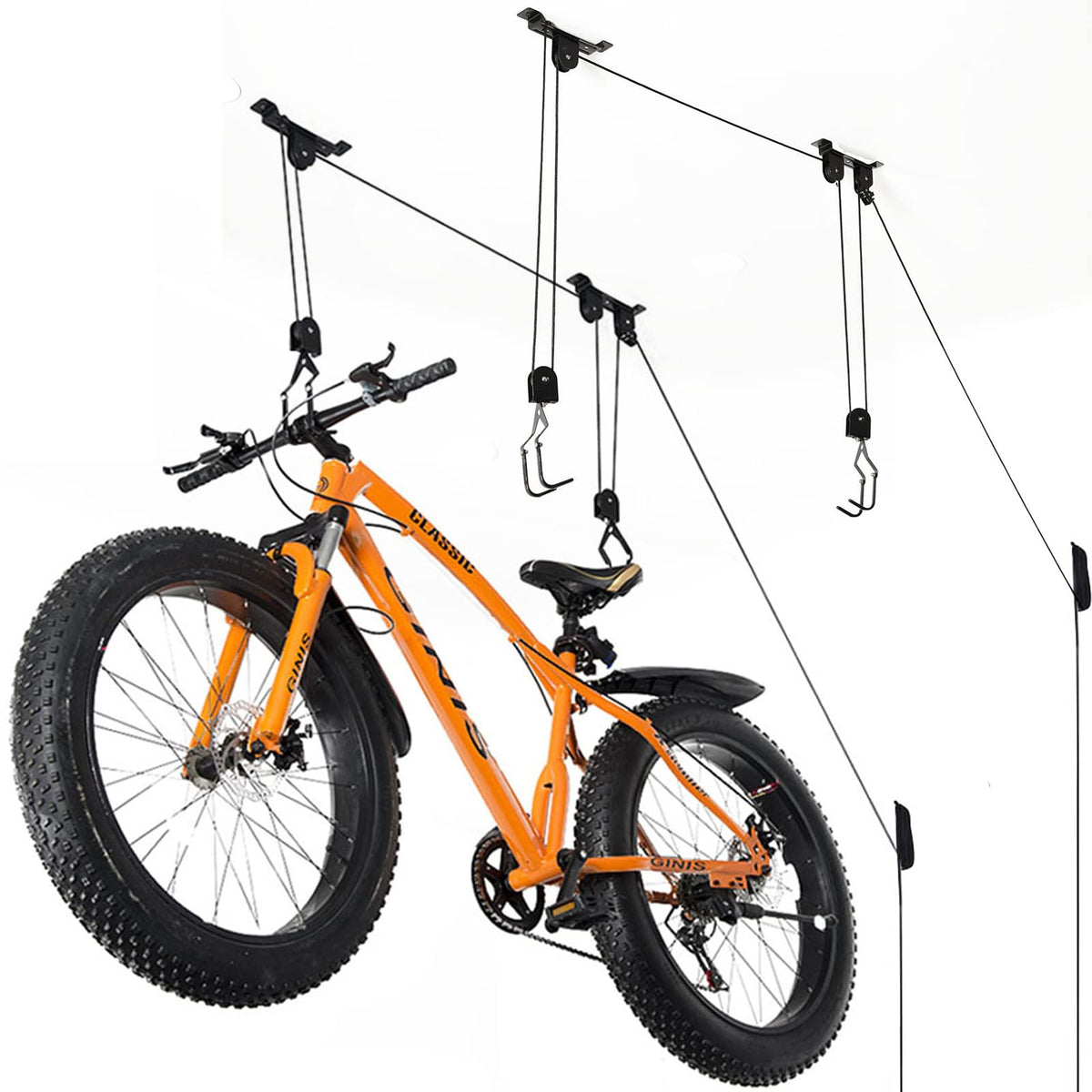 Wallmaster ceiling bike mount hanger securely suspends your bike while saving floor space