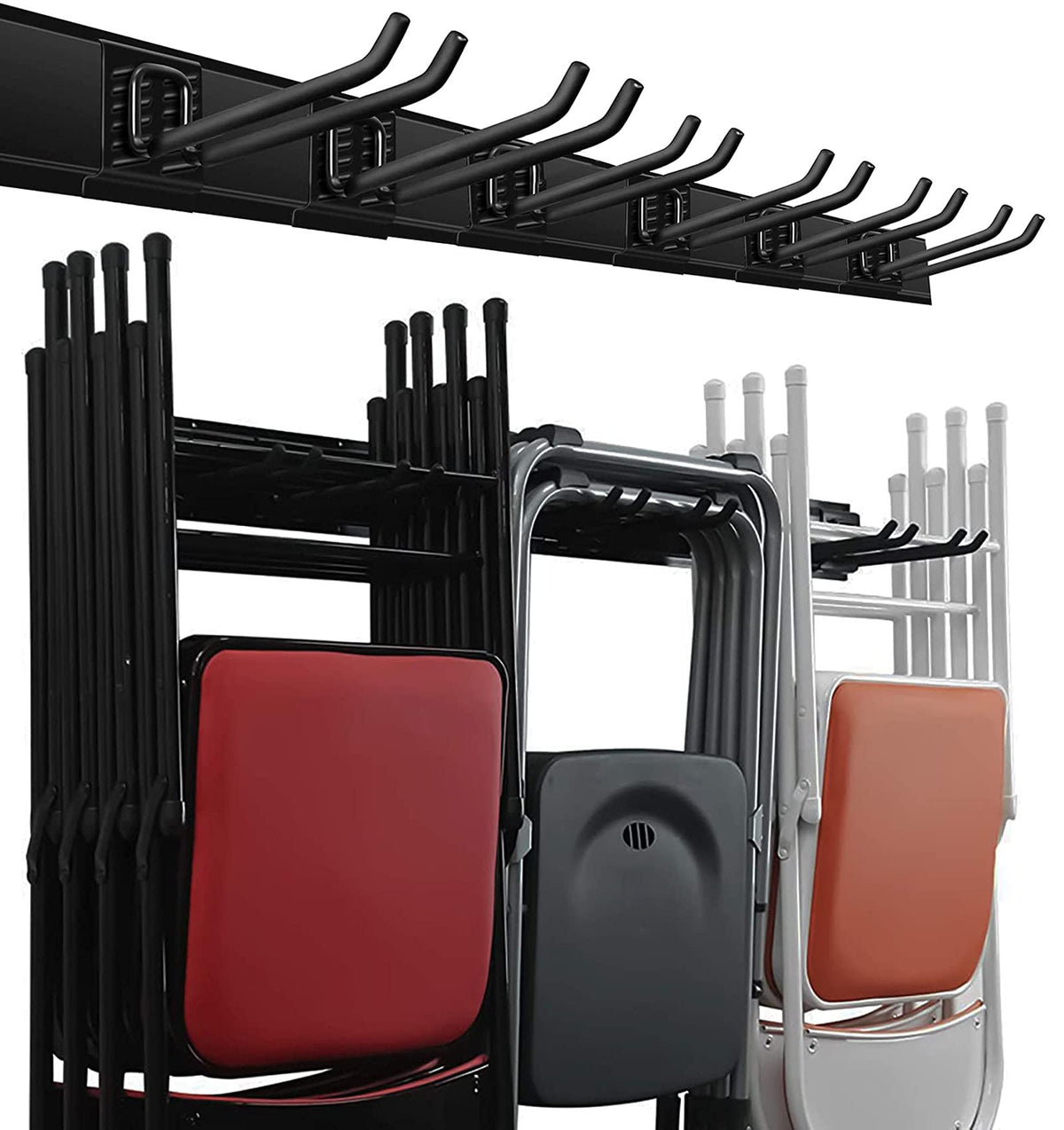 Wallmaster garage storage rail 16-inch with adjustable hooks for flexible organization.