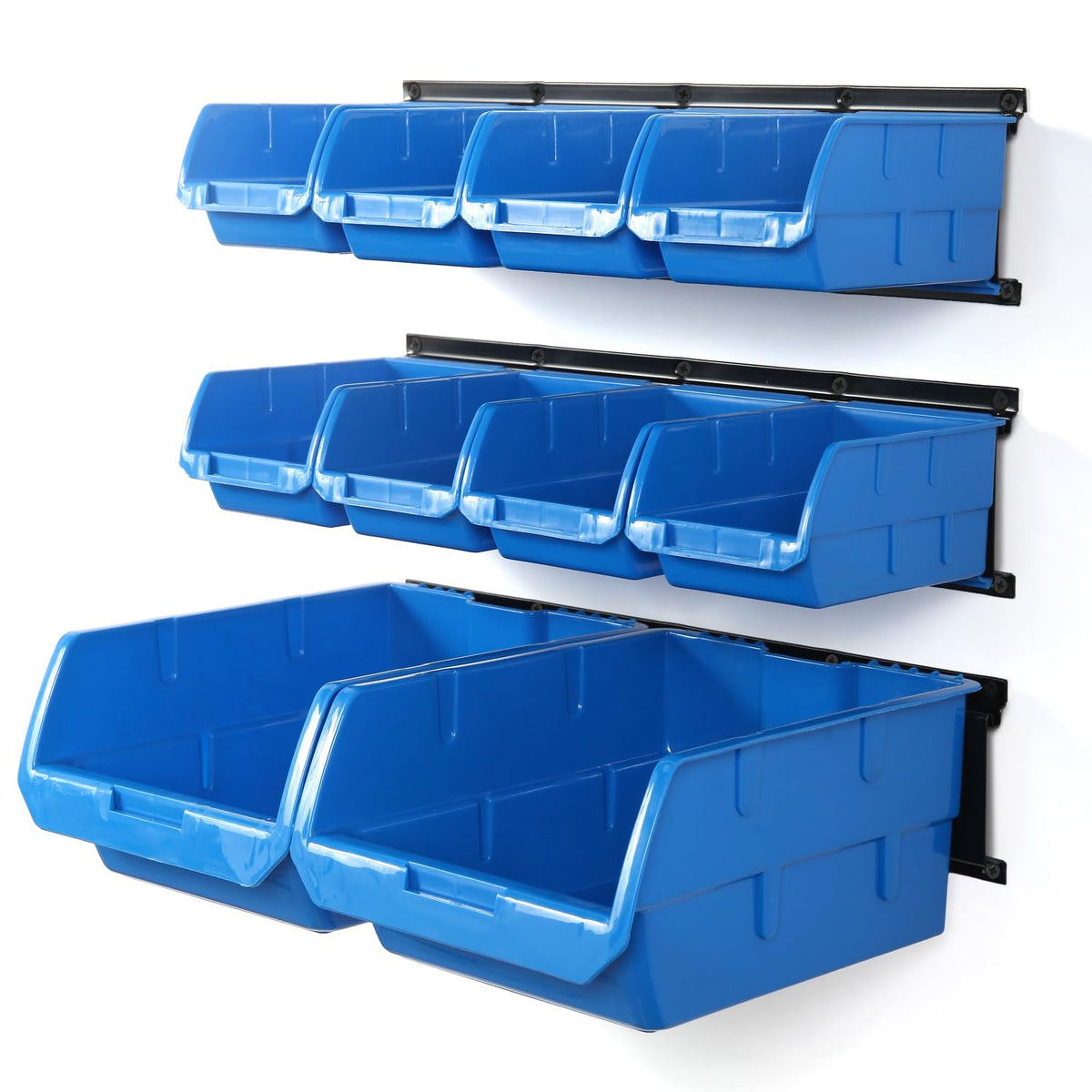 Wallmaster blue wall-mounted bins front view for quick tool access and organization.