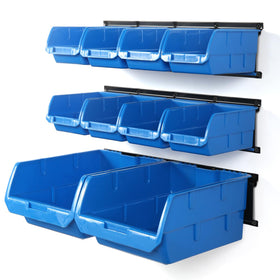Wallmaster blue wall-mounted bins front view for quick tool access and organization.