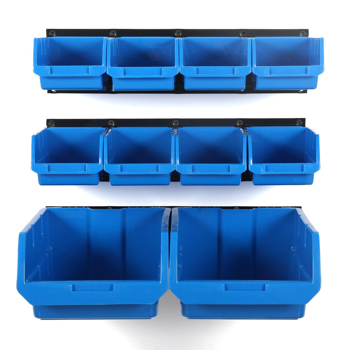 Wallmaster blue wall-mounted bins side view showing compact, space-saving storage benefits.