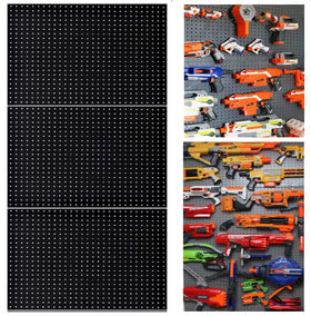 Wallpeg peg board front view shows organized Nerf blasters for quick access