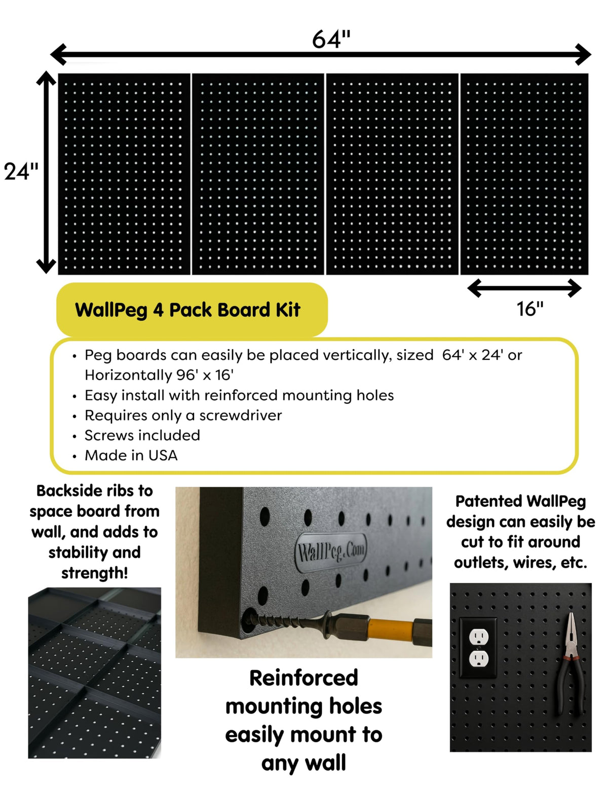 WallPeg USA-made copolymer panels resist rust and dents for long-term use