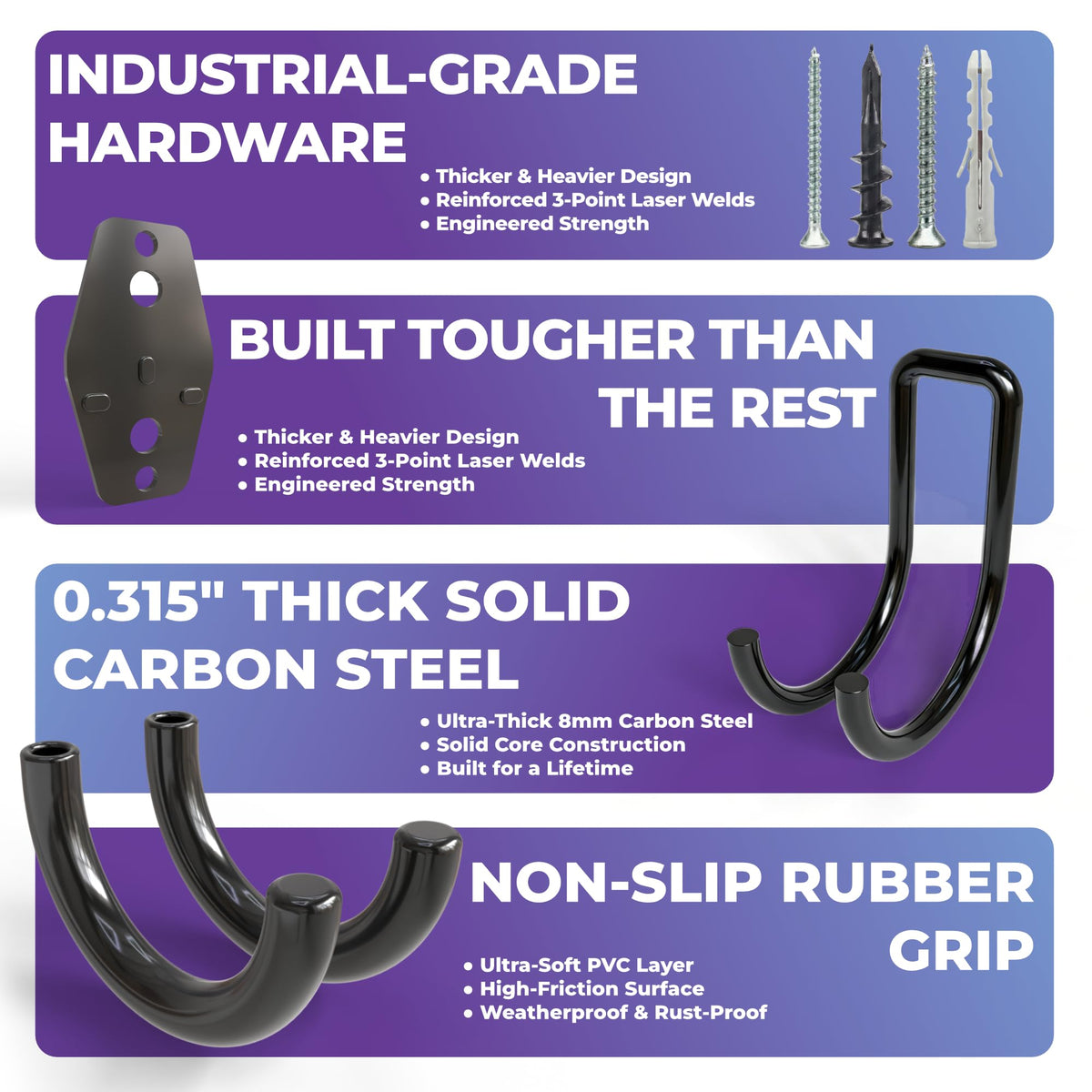 Wallseffic garage hooks with dual-arm design for stable storage
