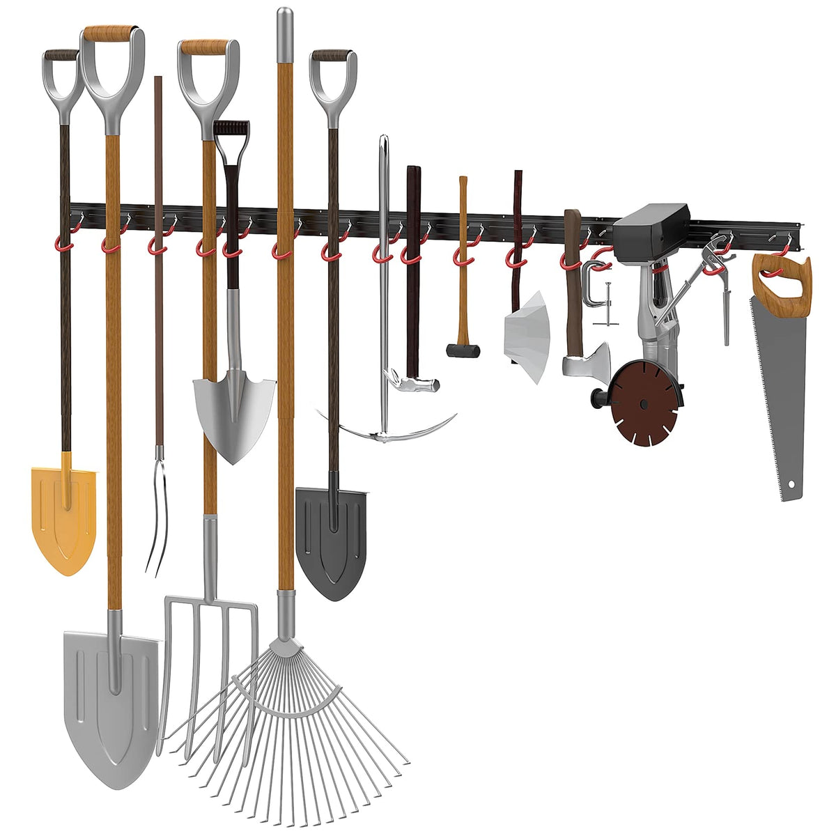 WALMANN garage mop-broom holder supports long handles for easy access.