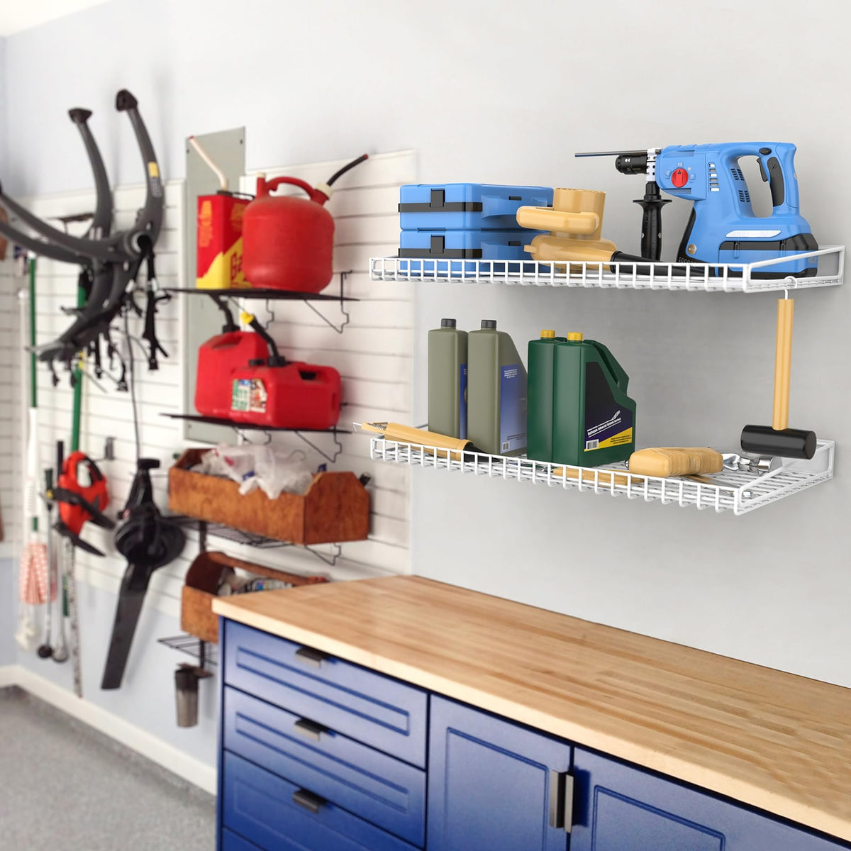 Walmann garage wall shelf side view, compact footprint for tight spaces